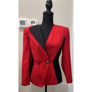 Petite Sophisticate Blazer Red Black Cinched 80s Twee Shoulder Pads Retro Office